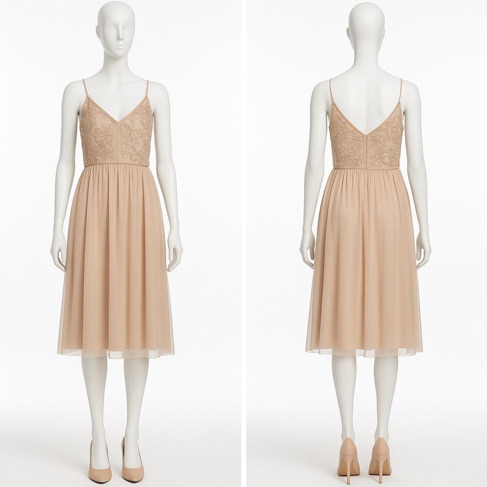 Adrianna Papell Sequin Embroidered Tulle Midi Dress Nude Beige Size 8 Formal